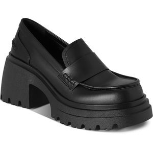 Women's Black Platform Loafers Chunky Heel Round Toe Slip On Pumps for Women